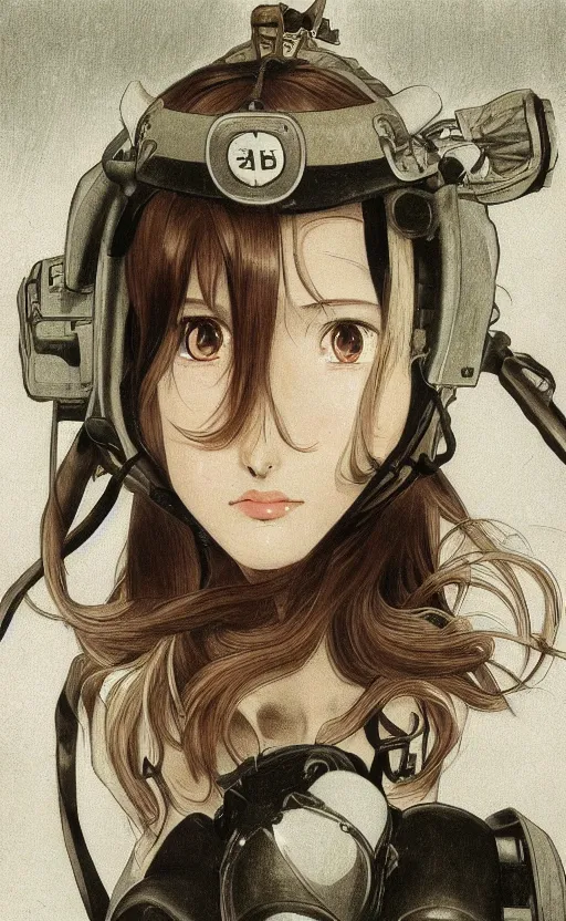 Image similar to german pilot girl, anime style, pilot oxygen mask, long hair, hair down, symmetrical facial features, ww2 era, hyper realistic, pale skin, 4k, rule of thirds, extreme detail, detailed drawing, trending artstation, hd, konpeki no kantai, D&D, realistic lighting, by Alphonse Mucha, Greg Rutkowski, sharp focus, backlit, soldier clothing