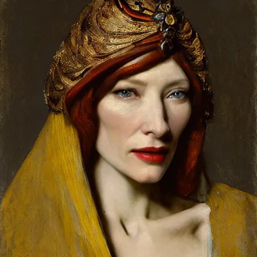 Image similar to cate blanchett by Annie Swynnerton and Nicholas Roerich and Vermeer, strong dramatic cinematic lighting , ornate headdress , lost civilizations, smooth, sharp focus, extremely detailed