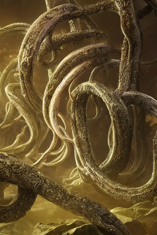 Image similar to giant ancient alien tentacles artwork by yoshitaka amano, ivory and gold, detailed vegetation background, extremely detailed, octane rendering, sharp focus, volumetric light, particles, unreal engine 5, rtx