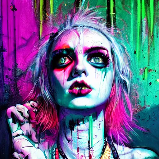 Prompt: splashes of neon, punk portrait made out of paint, trending on artstation, epic composition, emotional, beautiful, rendered in octane, highly detailed, realistic, tim burton comic book art, sharp focus