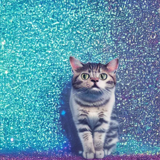 Image similar to a high - quality photo of a cat in a cloud of falling glitter, duochrome,, f 1. 4