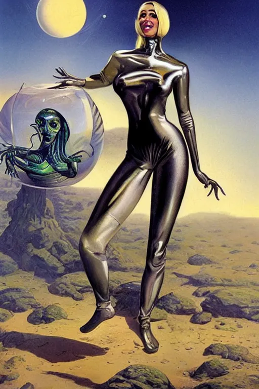 Prompt: beautiful alien extraterrestrial species female babe in a tight fitting silver metallic bikini spacesuit, , big silver head with eyestalk antennae, green skinned, big black almond shaped alien eyes by Mort Kunstler and Gil Elvgren