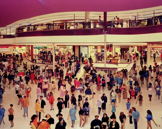 Prompt: the interior of a colorful 1 9 8 0 s mall packed with mall - goers