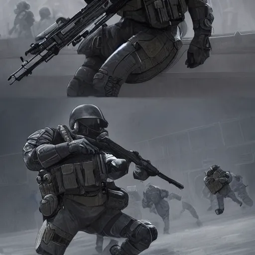 Prompt: Mercenary Special Forces in grey uniforms with black armored vests in combat in 2020, by Cedric Peyravernay, highly detailed, excellent composition, cinematic concept art, dramatic lighting, trending on ArtStation