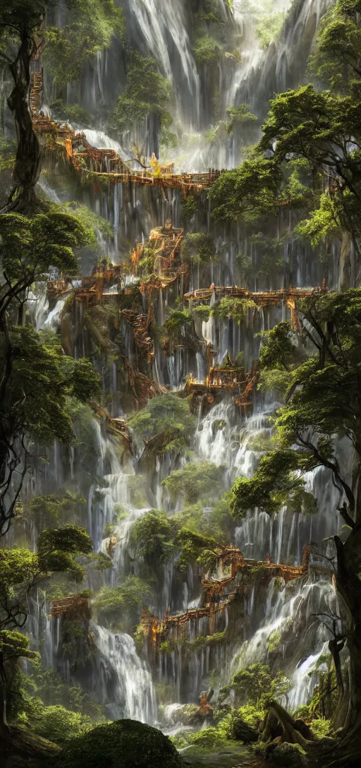 Image similar to a wooden elven City with golden roofs, with arches and bridges on top of a WATERFALL in the fall , gnarly trees, lush vegetation, forrest, a small stream runs beneath the waterfall, landscape, raphael lacoste, eddie mendoza, alex ross, concept art, matte painting, highly detailed, rule of thirds, dynamic lighting, cinematic, detailed, denoised, centerd