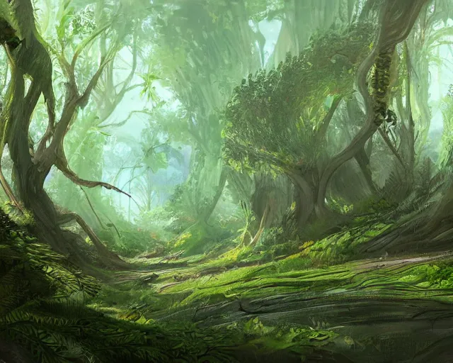 Image similar to deciduous forest in a humid subtropical climate, award winning fantasy concept art