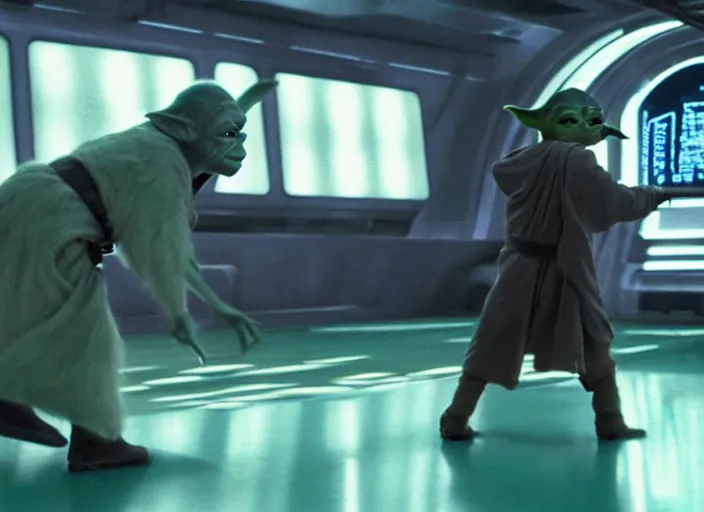 Image similar to film still of yoda uses the force to roll a bowling bowl down a lane in a bowling alley in the new Star Wars movie, 4k