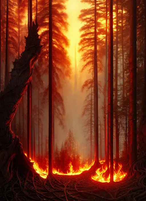 Image similar to panorama of a burning forest inhabited by elves, d & d, violent, fantasy, intricate, elegant, highly detailed, digital painting, artstation, concept art, smooth, sharp focus, illustration, art by artgerm and greg rutkowski and alphonse mucha