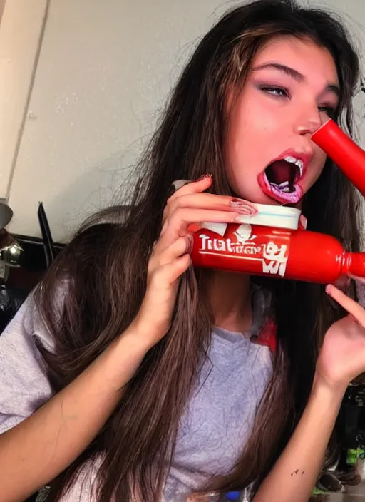 Image similar to A TikTok model is pouring hot sauce into her mouth as a challenge