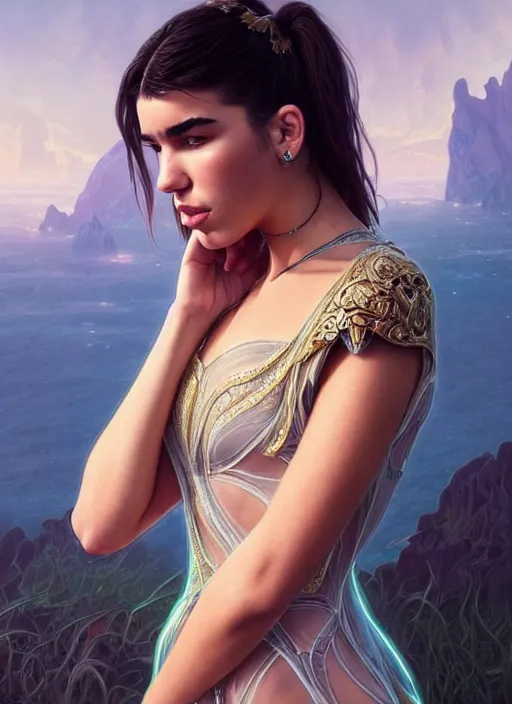 Image similar to dua lipa, wearing a semi transparent dress, deep focus, d & d, fantasy, intricate, elegant, highly detailed, digital painting, artstation, concept art, matte, sharp focus, illustration, hearthstone, art by artgerm and greg rutkowski and alphonse mucha