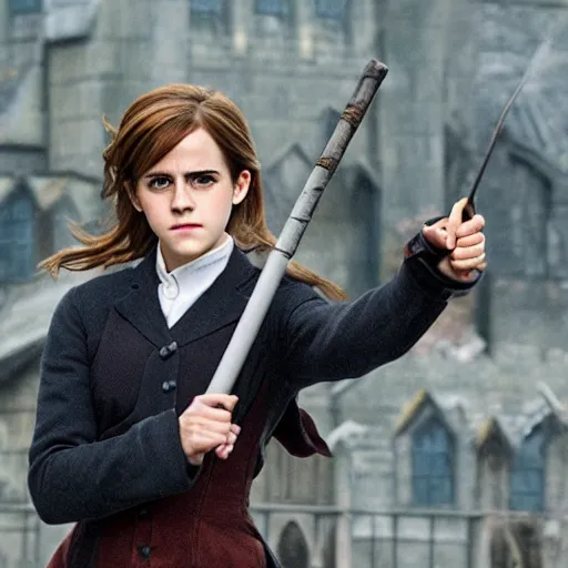 Image similar to emma watson as hermione granger as an anime character, holding a wand, anime hogwarts in the background