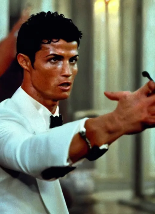 Prompt: film still of cristiano ronaldo as tony montana saying say hello to my little friend in Scarface