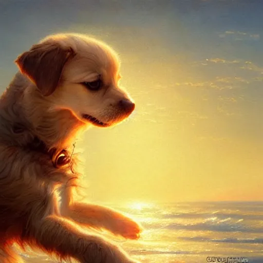 Prompt: a cute puppy on a windy day at the sea, eyes closed, wind through its fur, highly detailed, hyperrealistic, intricate, sunset in the background, rays of golden sunlight, oil painting by greg rutkowski and artgerm and wlop
