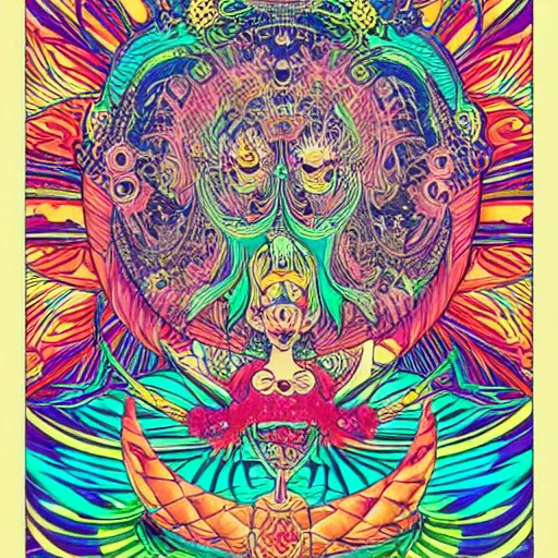 Image similar to hatsune miki, intricate, amazing line work, cosmic, psychedelic, cheerful, colorful, tarot cards, the devil tarot card