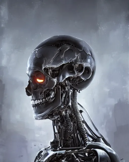 Image similar to skeleton with cybernetic enhancements with some flesh as seen from a distance, scifi character portrait by greg rutkowski, esuthio, craig mullins, 1 / 4 headshot, cinematic lighting, dystopian scifi gear, gloomy, profile picture, mechanical, half robot, implants, solarpunk