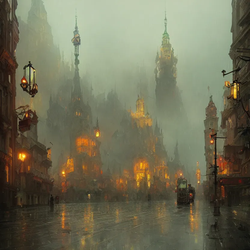 Prompt: polish city with rainy and moody cinematic lighting by darek zabrocki and greg ruthkowski, alphonse mucha, simon stalenhag and cinematic and atmospheric, concept art, artstation, trending on artstation