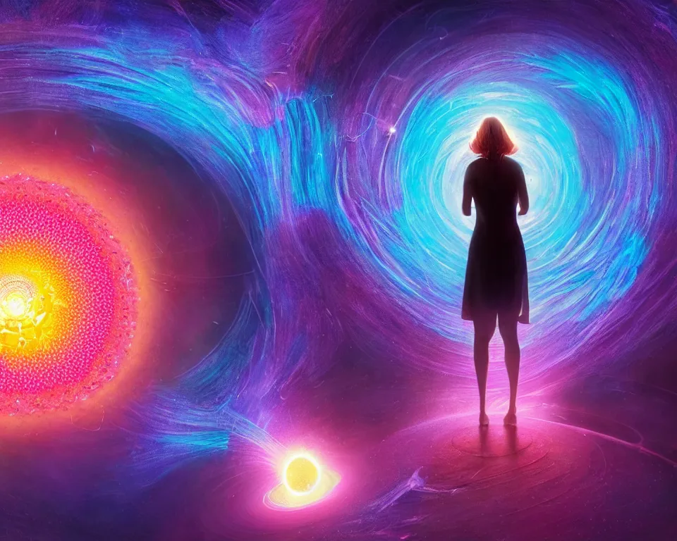 Image similar to a beautiful whimsical woman standing under a multi-colored binary blackhole with an accretion disc, casting magic, glowing trails following her arms, intricate repeating geometric patterns, fractals, by Ross Tran, by Greg Rutkowski, by artgerm, by beeple, by moebius, cinematic angle, volumetric lighting, 4k resolution, octane render, trending on artstation, masterpiece