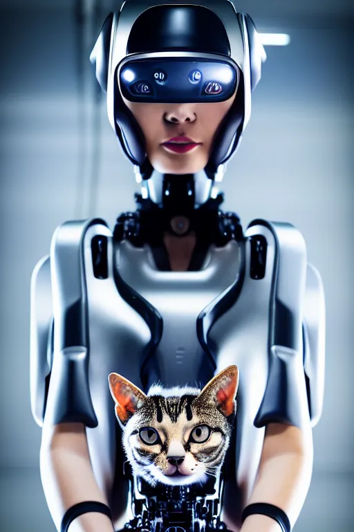 Image similar to cybernetic high tech girl with real cat on her head, sci - fi, cyberpunk, futurism, exoskeleton, strong artificial intelligence, symmetry, cinematic, elegant, luxury, professional studio light, perfect composition, dlsr photography, sharp focus, 8 k, ultra hd, sense of awe, highly detailed, hyper realistic, intricate, science journal cover