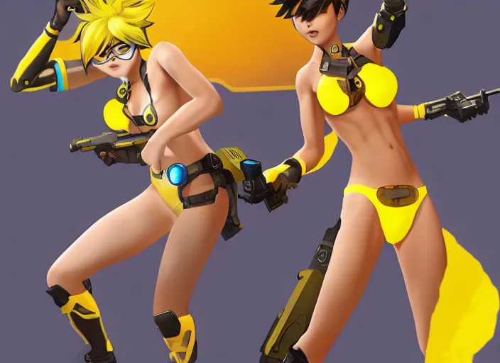 Prompt: tracer game character, in yellow bikini, blonde hair, black eyes, full height