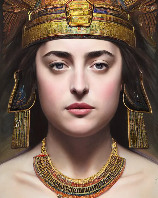 Image similar to Dakota Johnson as a beautiful egyptian princess, gorgeous, portrait, Symmetrical, powerful, intricate, beautiful, masterpiece, elegant, volumetric lighting, highly detailed, digital painting, hyper-realistic, artstation, sharp focus, no blur, illustration, William-Adolphe Bouguereau , ruan jia