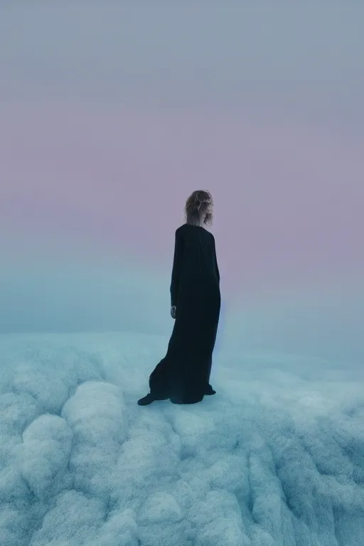 Image similar to high quality pastel coloured film close up wide angle photograph of a model wearing clothing resting on cloud furniture in a icelandic black rock!! environment in a partially haze filled dreamstate world. three point light, rainbow. photographic production. art directed. pastel colours. volumetric clouds. pastel gradient overlay. waves glitch artefacts. extreme facial clarity. 8 k. filmic.