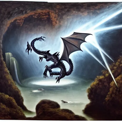 Image similar to oil painting of a dragon flying in the air near a cave with a waterfall in the center, light emanating from the waterfall leading to a big pool of water, dragon has black and white stripes, elegant, sharp focus, wide shot, clear, detailed, early renaissance