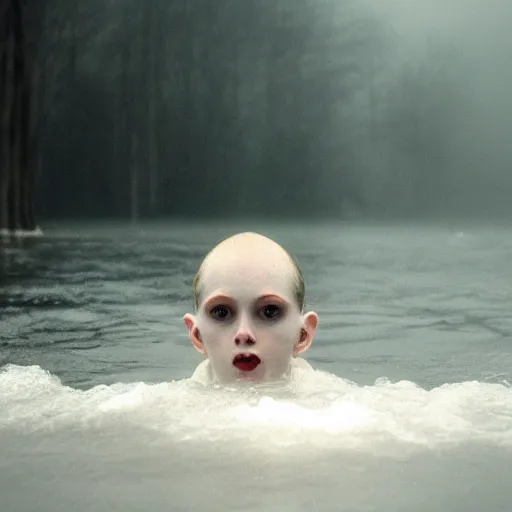 Prompt: monster pale skin, dark yellowish water, foggy water, dark, dramatic, big eyes, terrifying, cinematic