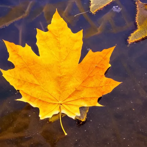 Image similar to close - up of a yellow maple leaf floating on top of a pond