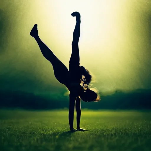 Image similar to An origami girl doing acrobatic contemporary dance, dramatic lighting, with bokeh effect in a sunny meadow