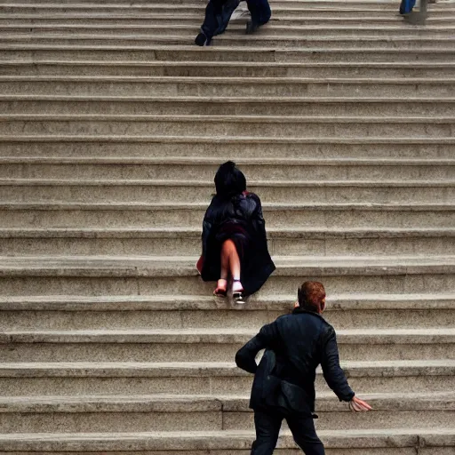 Prompt: Michael mcintyre & a blonde woman climbing steps in Porto, greg rutkowski