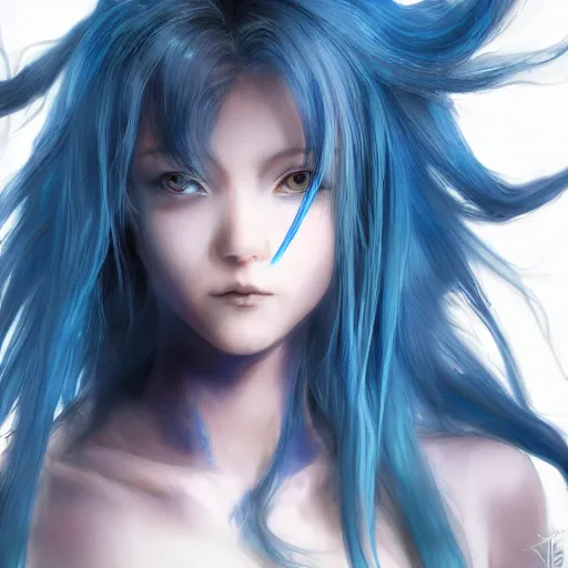 Image similar to portrait of young girl half dragon, blue hair, long hair, highly detailed 3D render, 8k, rpg concept art character, jrpg character, manga, anime, video game character, concept art, by Yoshitaka Amano