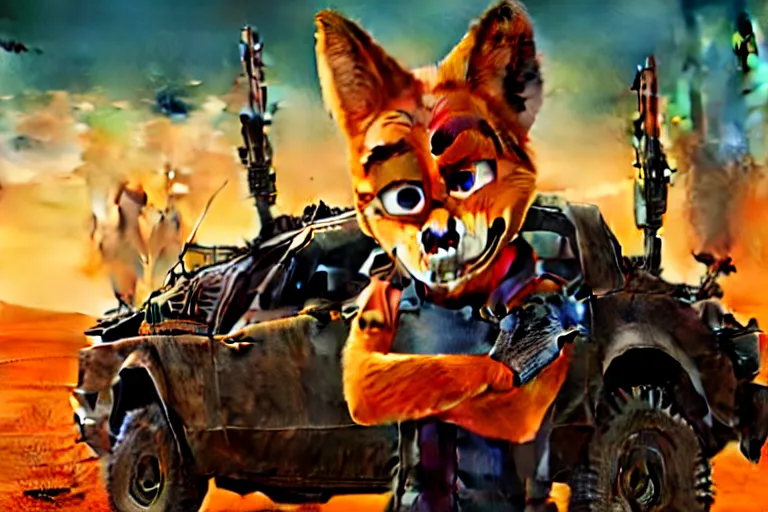 Image similar to nick wilde, heavily armed and armored facing down armageddon in a dark and gritty reboot from the makers of mad max : fury road