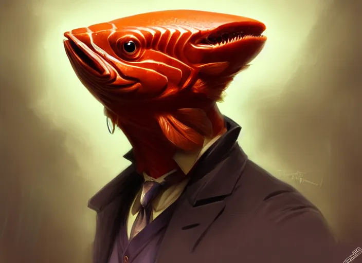 Image similar to a anthropomorphic salmon wearing a detective outfit, diffuse lighting, fantasy, film noir vibes, intricate, elegant, highly detailed, lifelike, photorealistic, digital painting, artstation, illustration, concept art, smooth, sharp focus, art by frank frazetta and marco bucci and loish and rossdraws and artgerm and alphonse mucha