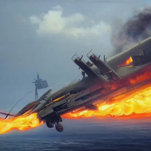 Prompt: a beautiful painting by james gurney, 8k resolution, still images trending on artstation a face of an old military helicopter shown drifting offshore in flames. Style of Blade Runner 2049