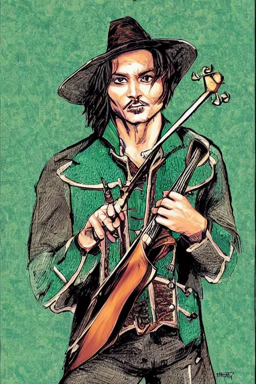 Prompt: Breathtaking comic book style of Johny Depp portrayed as a Dungeons and Dragons bard, playing the lute and wearing a pale green jacket in the style of Ralph Dorsey