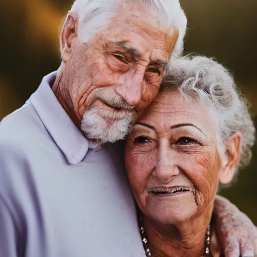 Prompt: a beautiful portrait photo of an older couple in love, beautiful detailed eyes, emotional, faded rainbow, golden hour in pismo California, outdoors, professional award winning portrait photography, Zeiss 150mm f/2.8