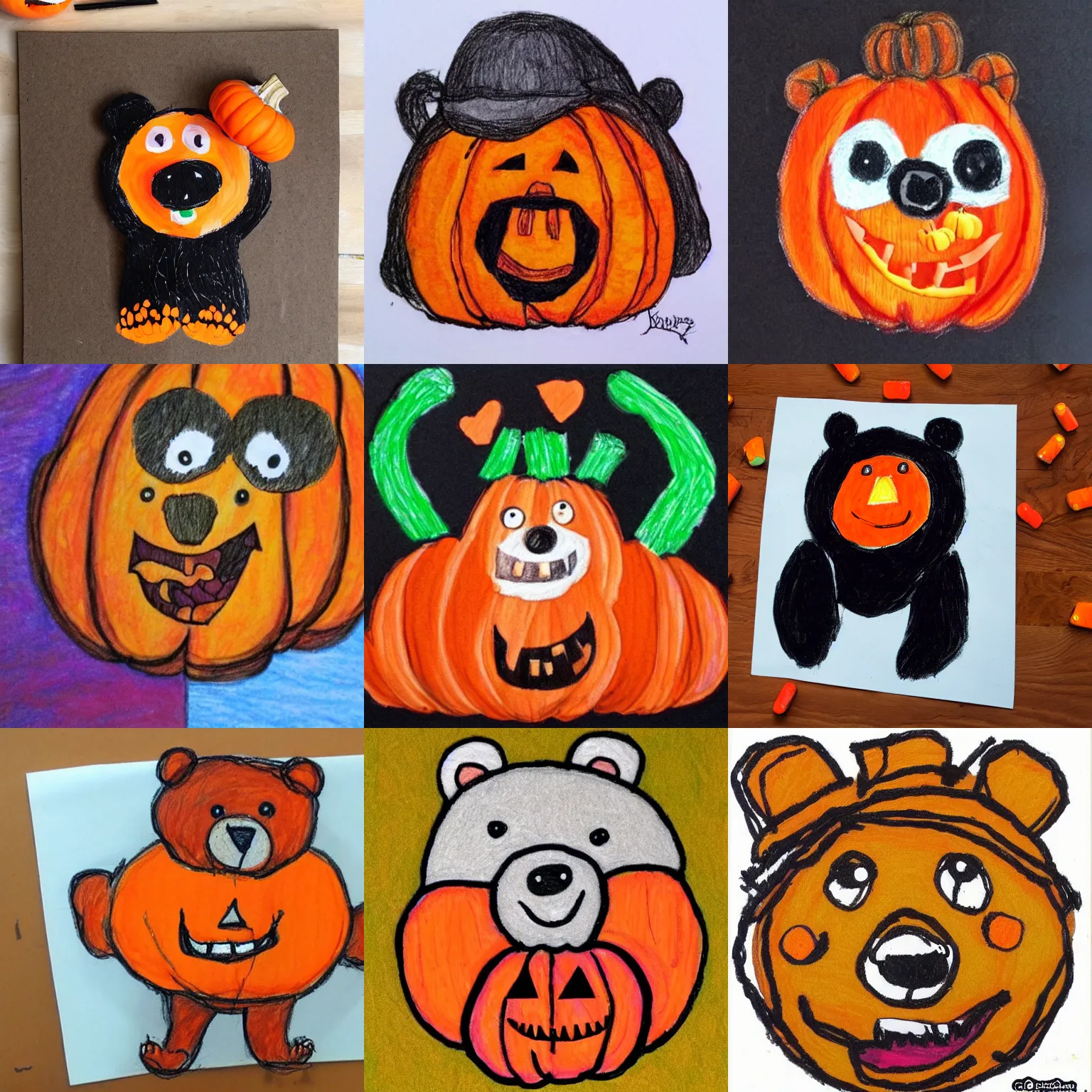 Prompt: a smiling bear made out of pumpkins drawn by a child in crayon
