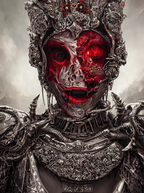 Prompt: portrait art of 8k ultra realistic undead queen,intricate red crown, detailed intricate ornate armour,decaying, cybernetic, full of colour, cinematic lighting, battered, trending on artstation, 4k, hyperrealistic, focused, extreme details,unreal engine 5, cinematic, masterpiece, art by ayami kojima, giger