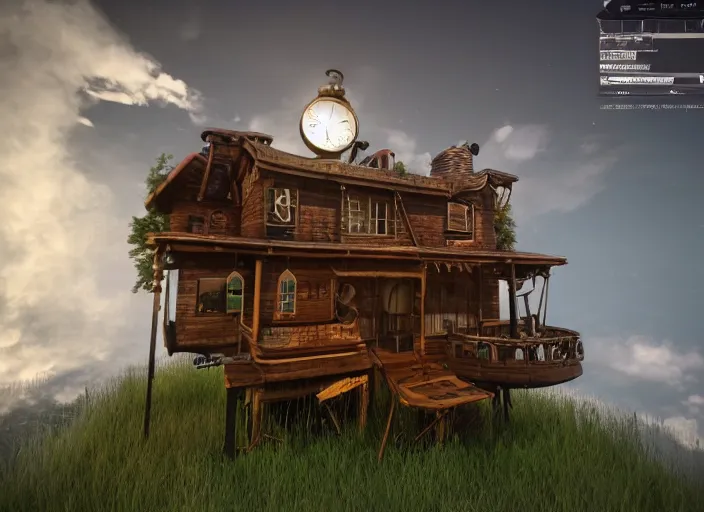 Prompt: cosy happy house floating in the sky with forest, clouds, steampunk, science fiction, magical fantasy, hyperealism unreal engine blender 3 d video game, masterpiece