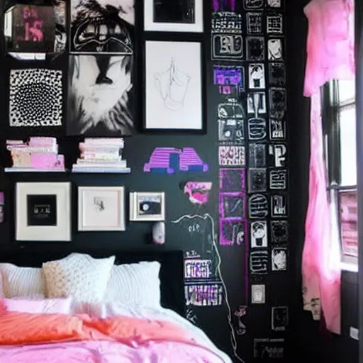 Image similar to a girl's cozy cyber punk bedroom