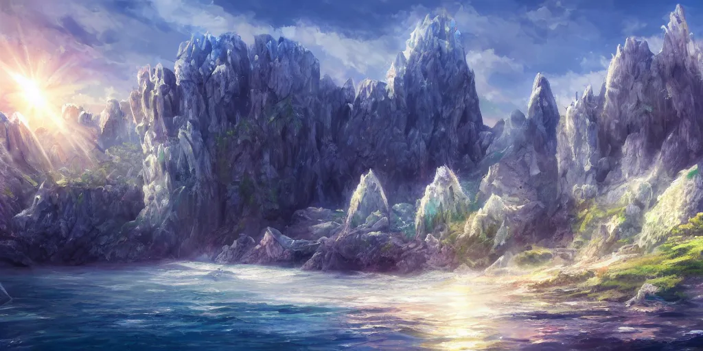 Image similar to salt covered islands surrounded by gleaming crystal quartz cliffs, illustration, bright sunlight, sun glints, sunrays, digital art, oil painting, fantasy, 8 k, trending on artstation, detailed