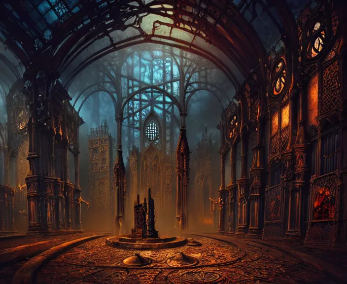 Image similar to steam necropolis, memento mori, gothic, neo - gothic, art nouveau, hyperdetailed copper patina medieval icon, stefan morrell, philippe druillet, ralph mcquarrie, concept art, steampunk, unreal engine, detailed intricate environment, octane render, moody atmospherics, volumetric lighting, ultrasharp, ominous, otherworldly