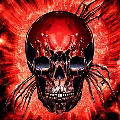 Image similar to alien skull and skeletons in darkness organic android anatomy dark cosmic horror style menacing scary style heavy brushstrokes dramatix album cover red drippy metal material