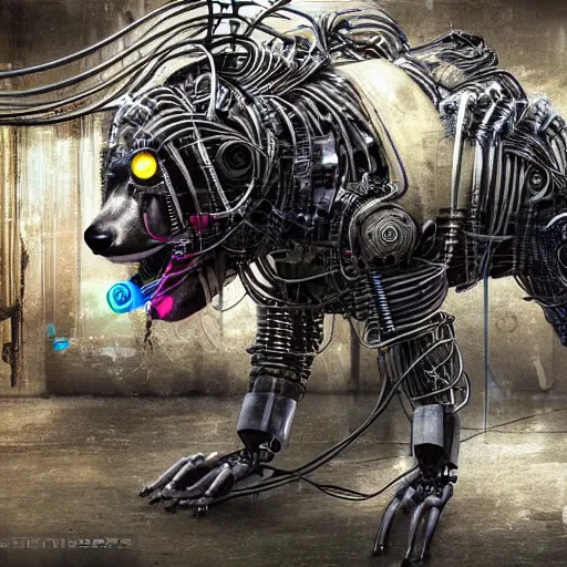 Image similar to robotic cyberpunk hyena, many wires and metal exposed, realistic photo, bladerunner