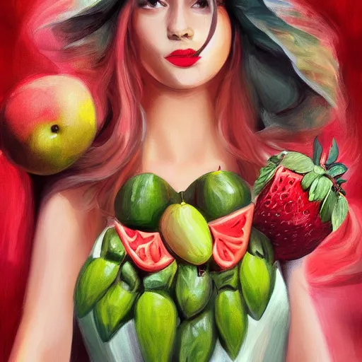 Image similar to fruit fashion, gucci catwalk, oil painting, digital art, ultradetailed, artstation