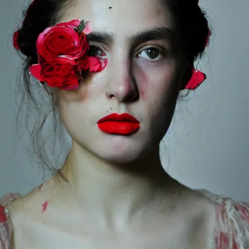 Prompt: Girl in flowers, red lipstick on face, ugly look, Domaine Ingres style, Monica Beluchi look - n 10