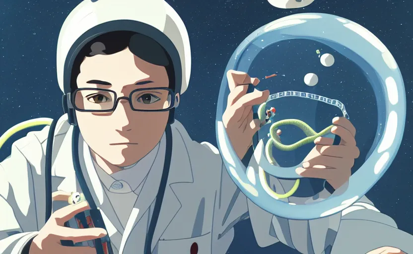 Image similar to a film still portrait of a nerdy scientist rocketing in a hallway cubic snake bubble, finely detailed features, closeup at the faces, chronenberg, perfect art, grimdark, trending on pixiv fanbox, painted by studio ghibli