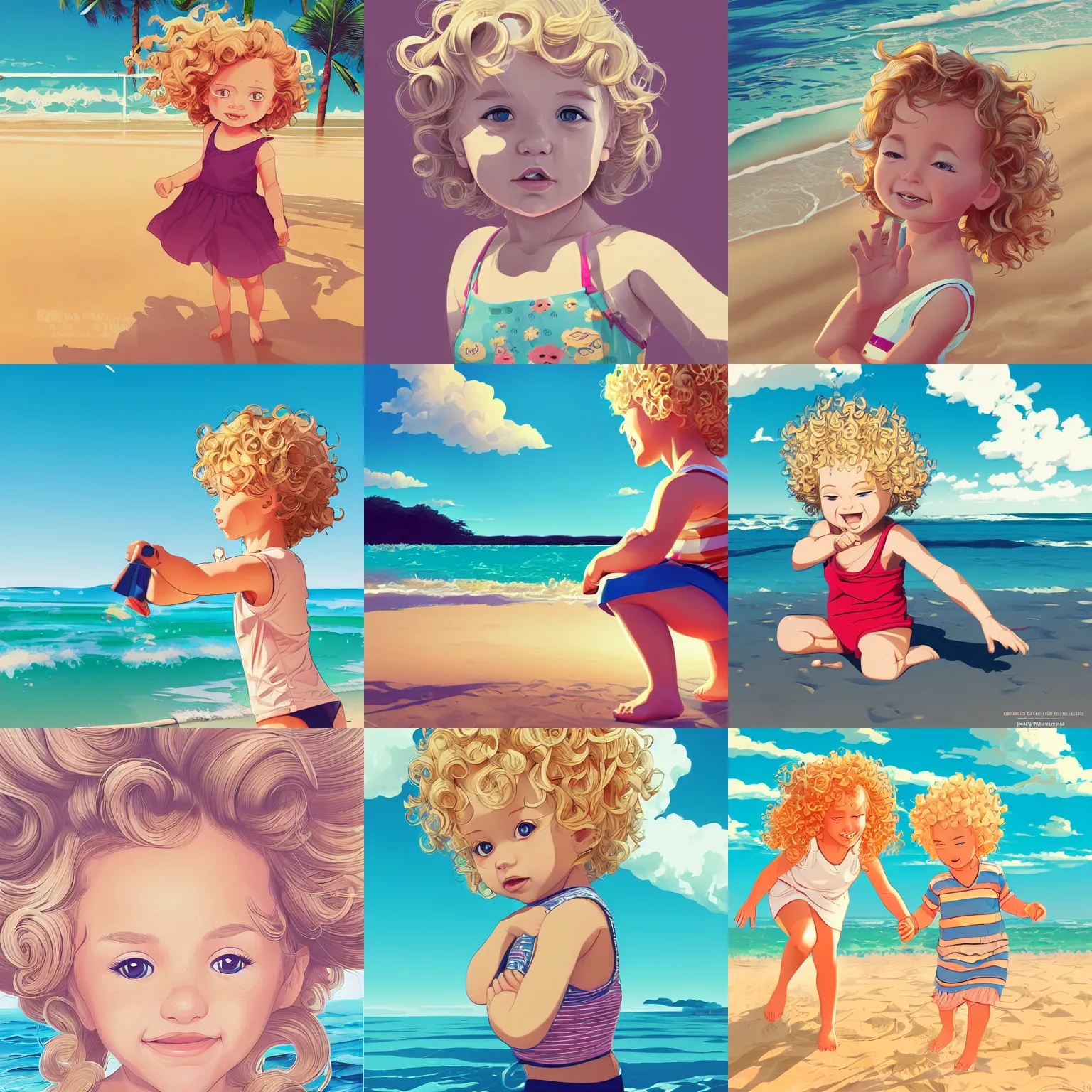 Prompt: 2 years old girl with blonde curly hair, playing at the beach, clean cel shaded vector art, by lois van baarle, artgerm, helen huang, by makoto shinkai and ilya kuvshinov, rossdraws, illustration