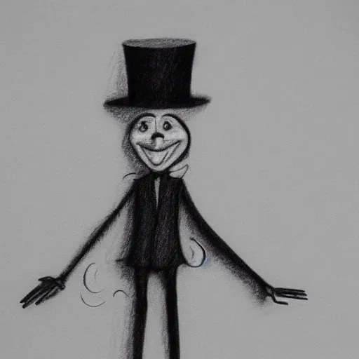 Image similar to a 2 d pencil sketch of a smiling marionette puppet wearing a top hat, highly detailed