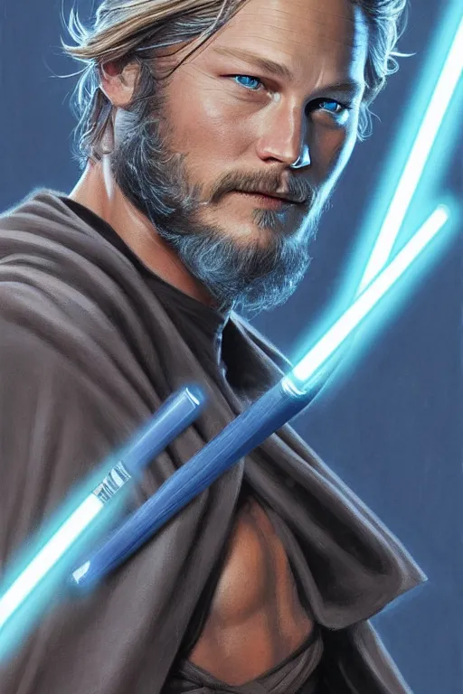 Prompt: Travis Fimmel as a Jedi Master, looking at the viewer, detailed face, high contrast, highly detailed, digital painting, sharp focus, trending on artstation, concept art, illustration, art by greg hildebrandt and clayton crain